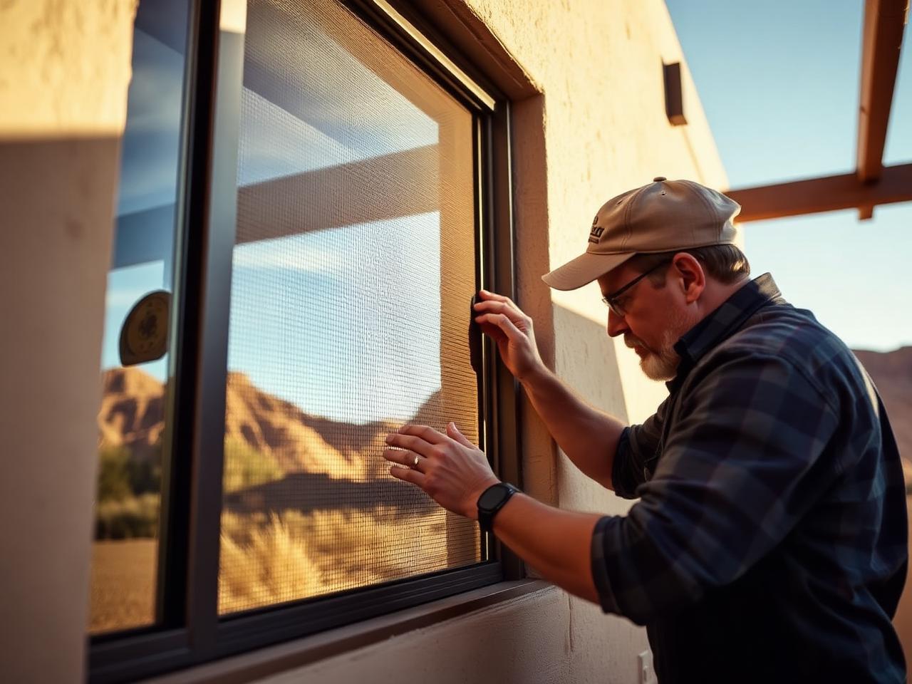 A Peacock craftsman fitting a custom screen on a Southern Utah home in golden afternoon light